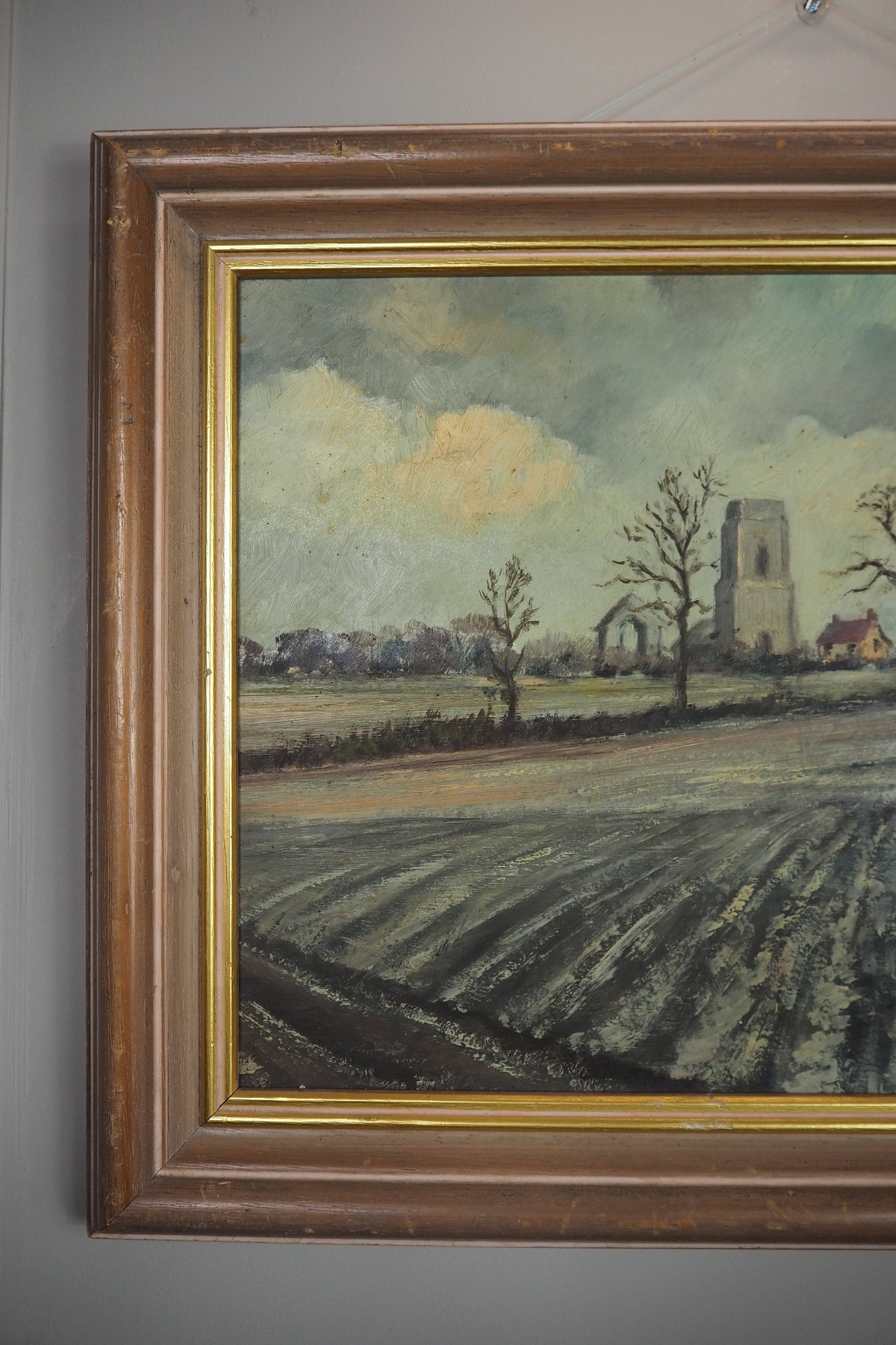 Vintage Pastoral Landscape Oil Painting – Framed Rural Village Scene