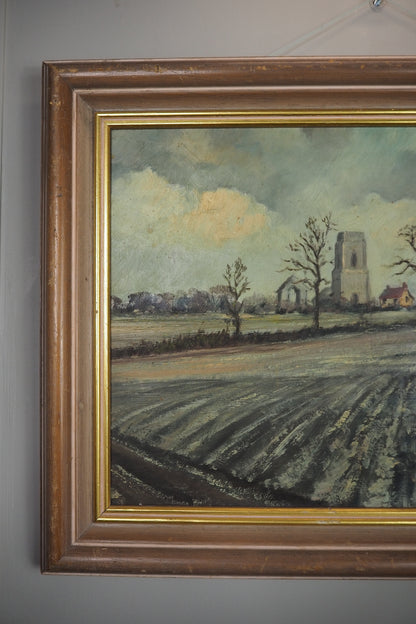 Vintage Pastoral Landscape Oil Painting – Framed Rural Village Scene