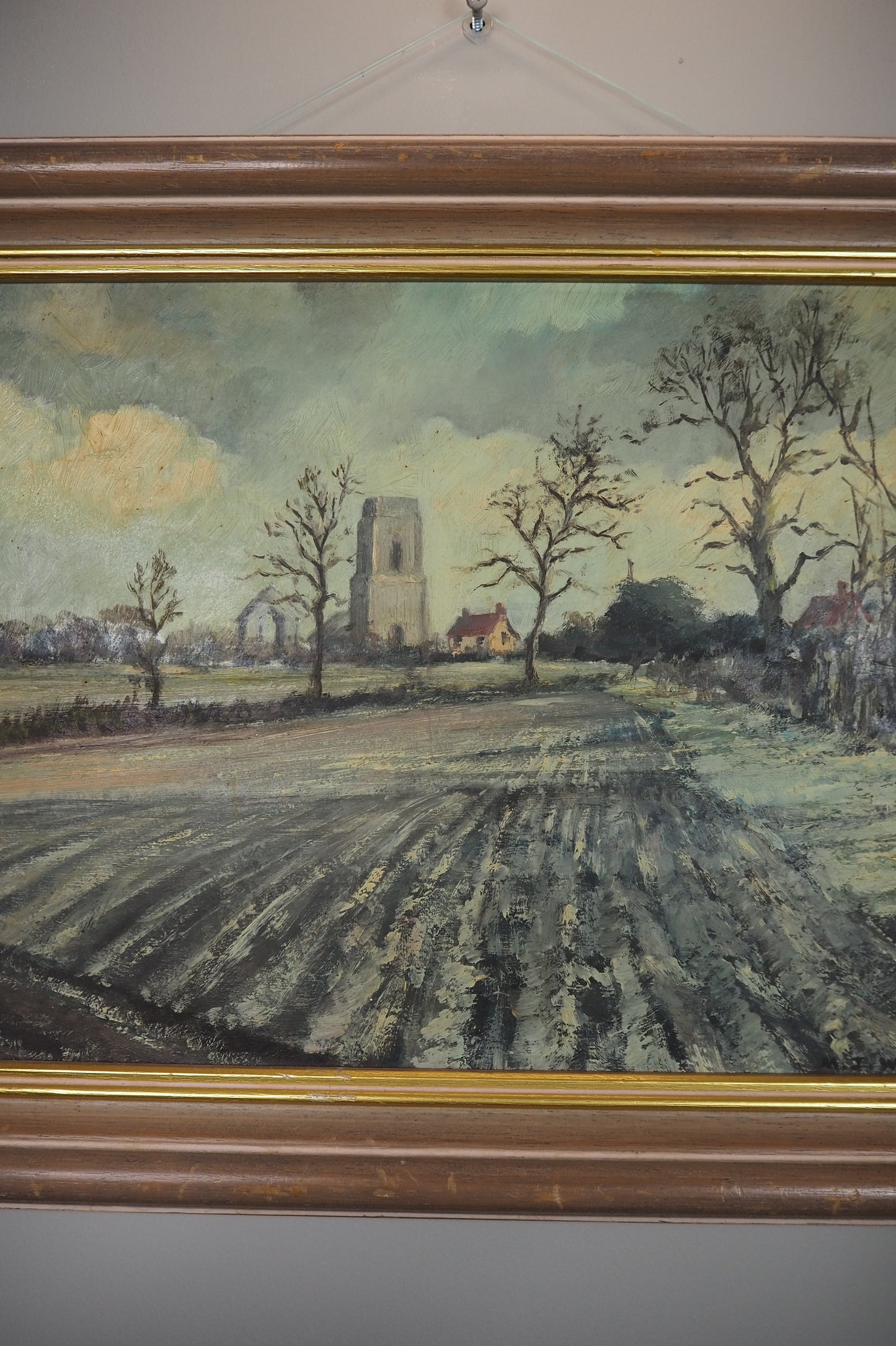 Vintage Pastoral Landscape Oil Painting – Framed Rural Village Scene