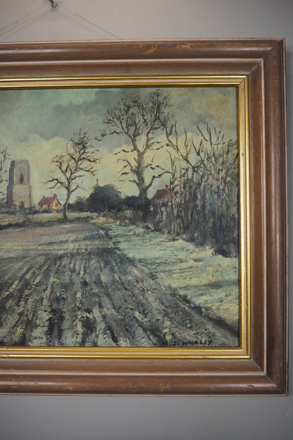 Vintage Pastoral Landscape Oil Painting – Framed Rural Village Scene