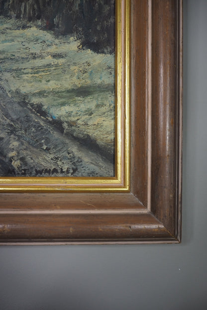 Vintage Pastoral Landscape Oil Painting – Framed Rural Village Scene