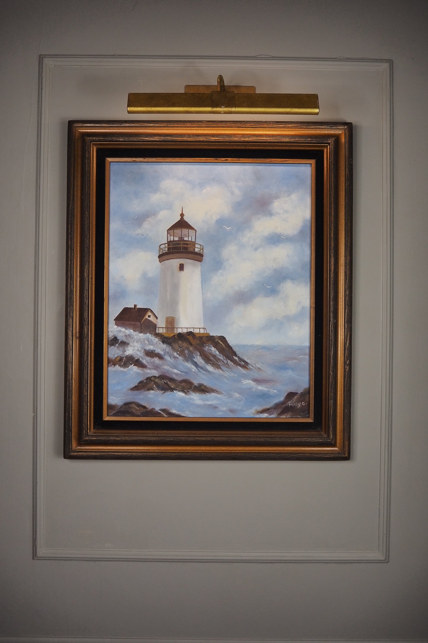 Vintage Lighthouse Oil Painting Signed Mary C, Framed Coastal Seascape Art