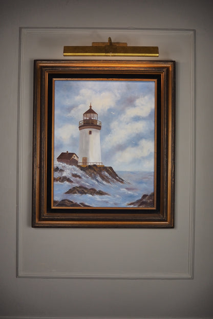 Vintage Lighthouse Oil Painting Signed Mary C, Framed Coastal Seascape Art