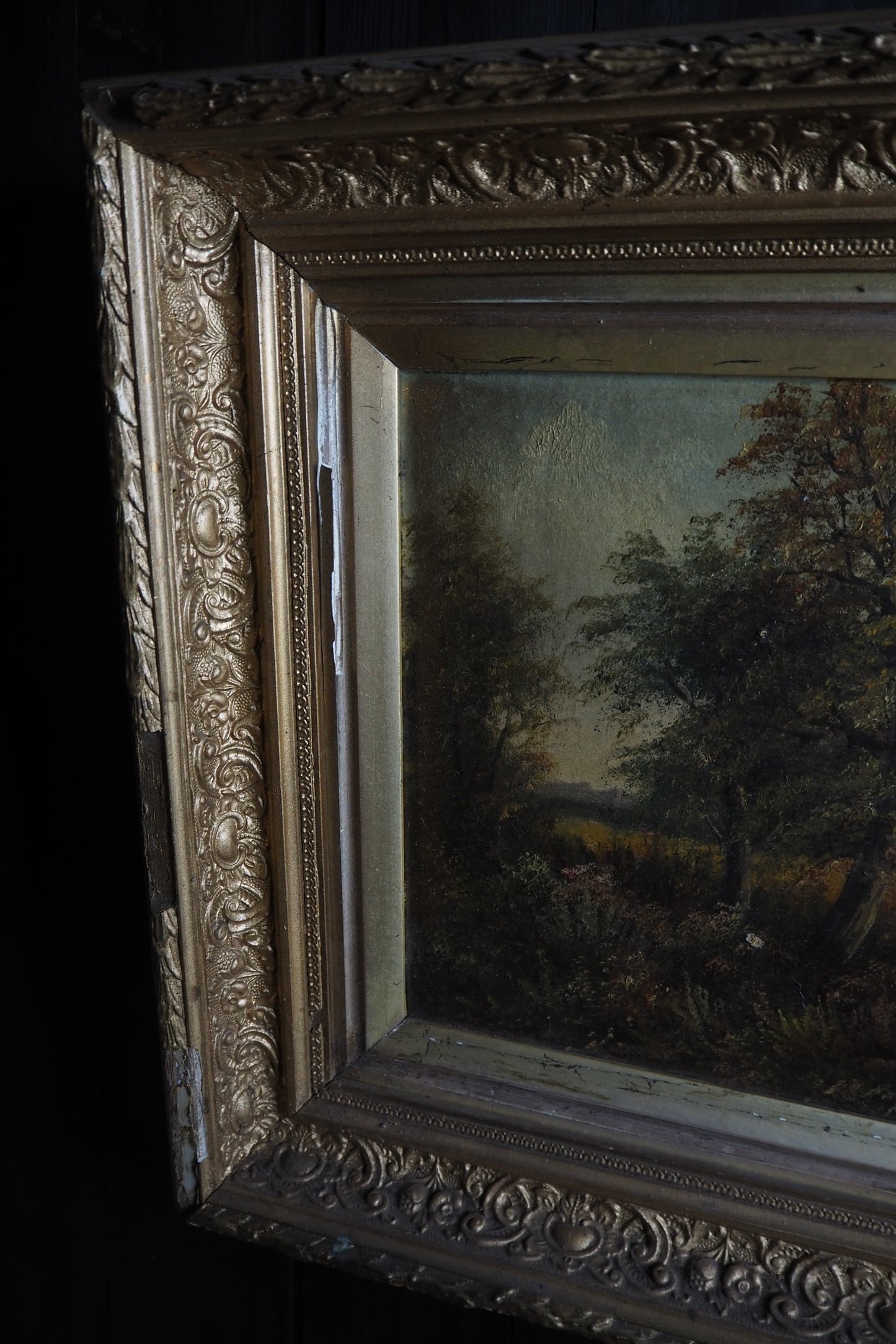 Antique Oil Painting River Landscape Signed R. Hully | Victorian Ornate Gold Gesso Frame