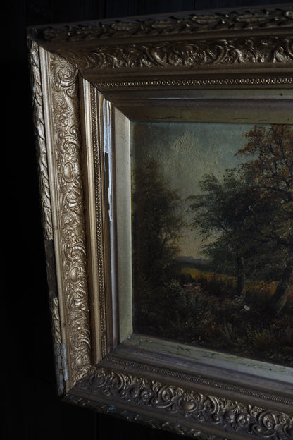 Antique Oil Painting River Landscape Signed R. Hully | Victorian Ornate Gold Gesso Frame