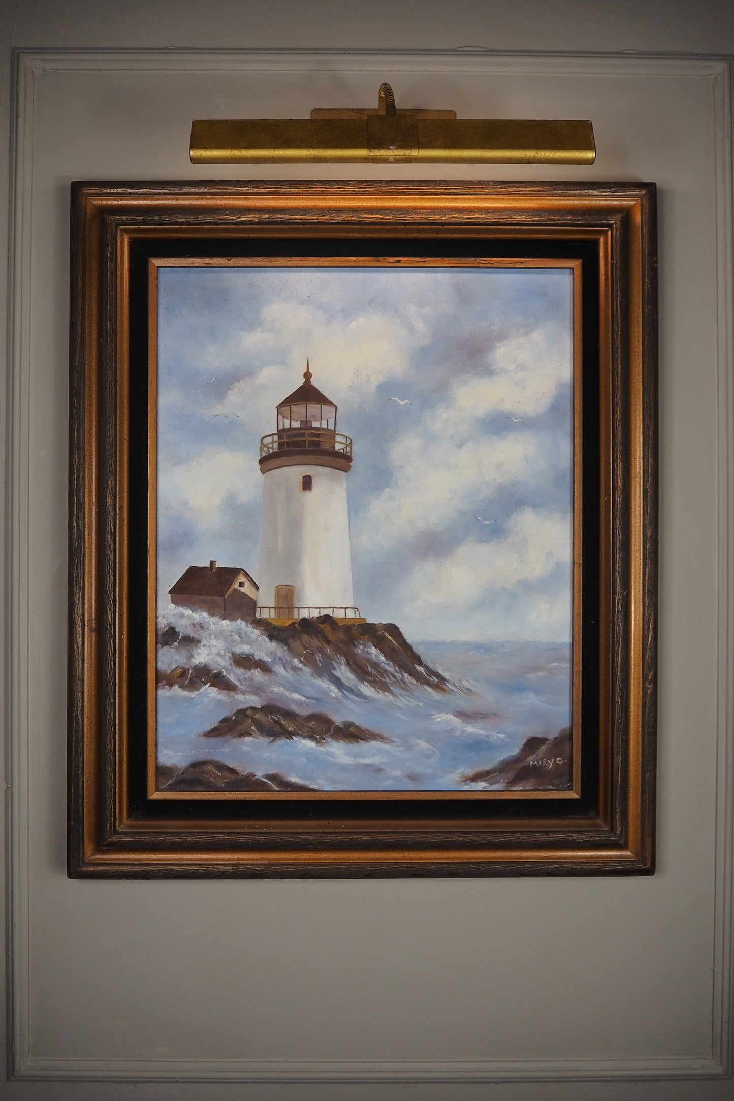 Vintage Lighthouse Oil Painting Signed Mary C, Framed Coastal Seascape Art