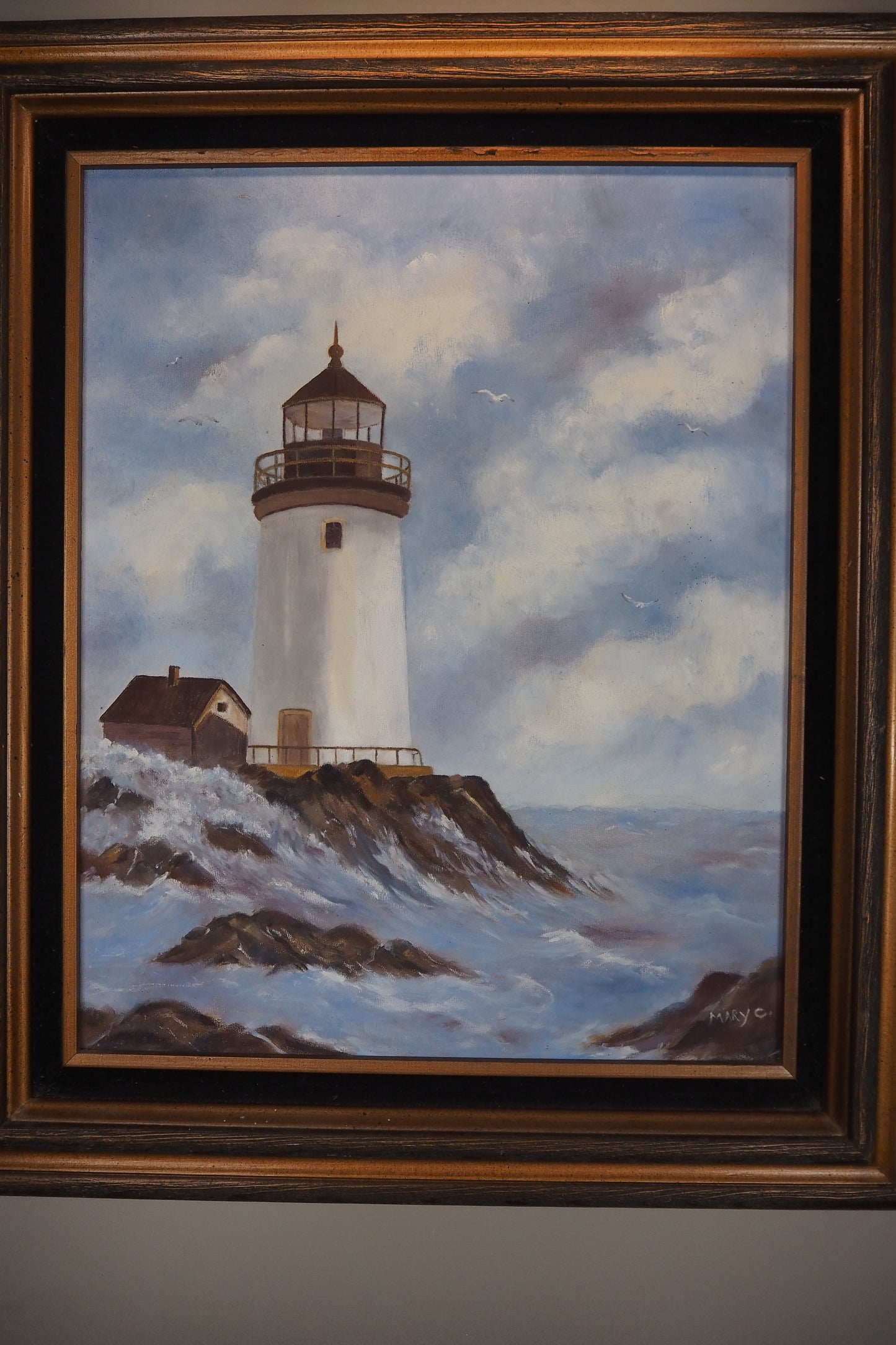 Vintage Lighthouse Oil Painting Signed Mary C, Framed Coastal Seascape Art
