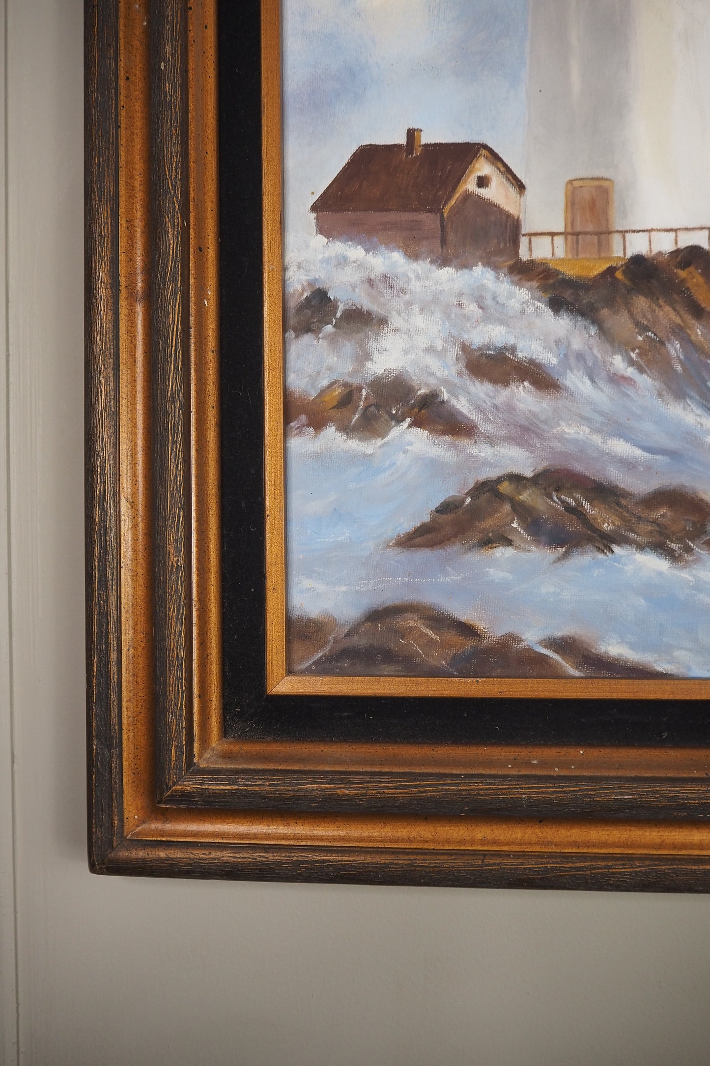 Vintage Lighthouse Oil Painting Signed Mary C, Framed Coastal Seascape Art