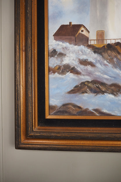 Vintage Lighthouse Oil Painting Signed Mary C, Framed Coastal Seascape Art