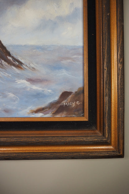 Vintage Lighthouse Oil Painting Signed Mary C, Framed Coastal Seascape Art