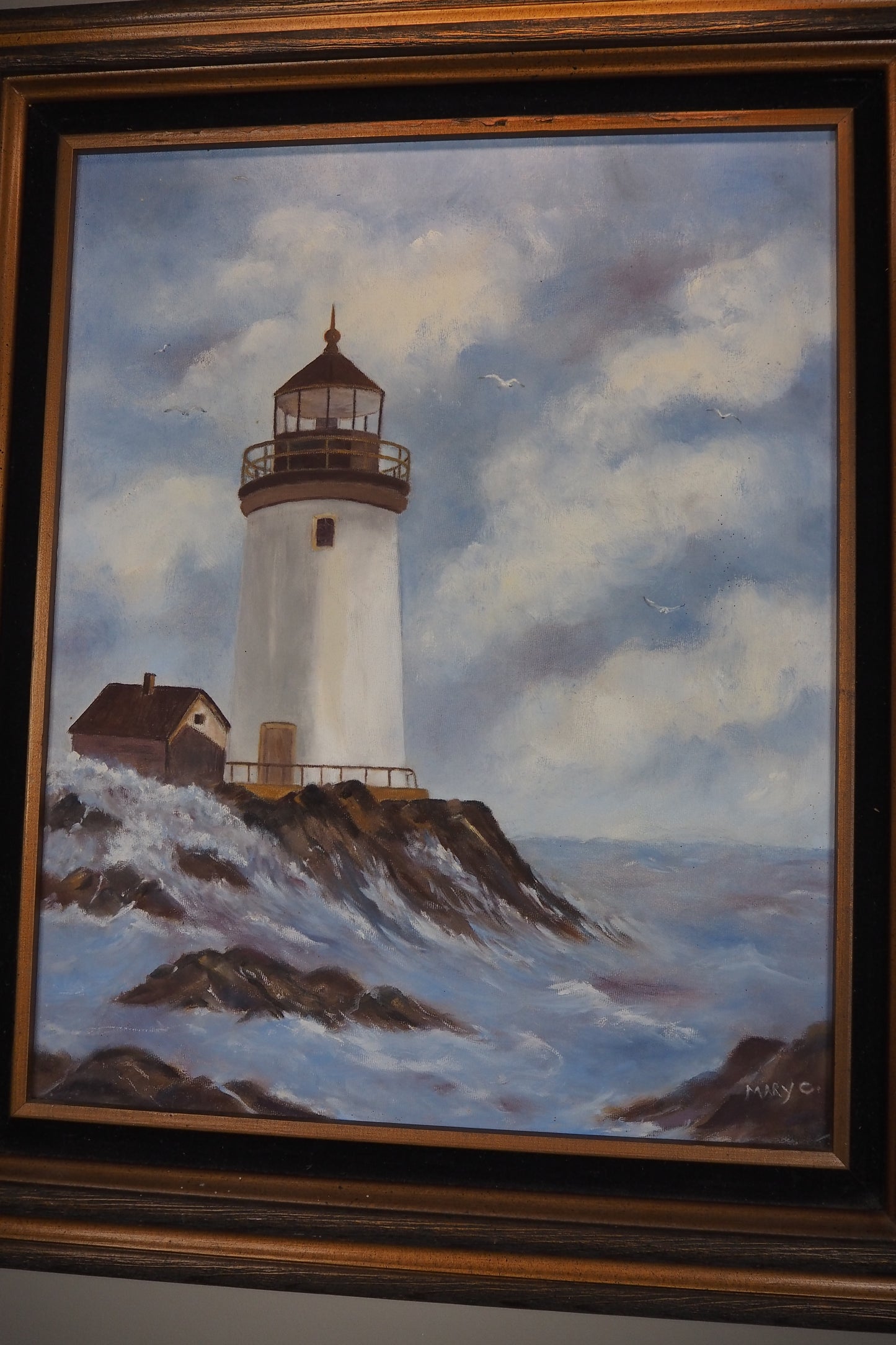 Vintage Lighthouse Oil Painting Signed Mary C, Framed Coastal Seascape Art