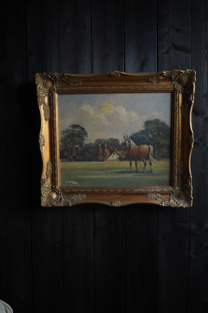 Charles Clift Original Oil Painting Landscape Farm Horse Antique Gold Ornate Frame