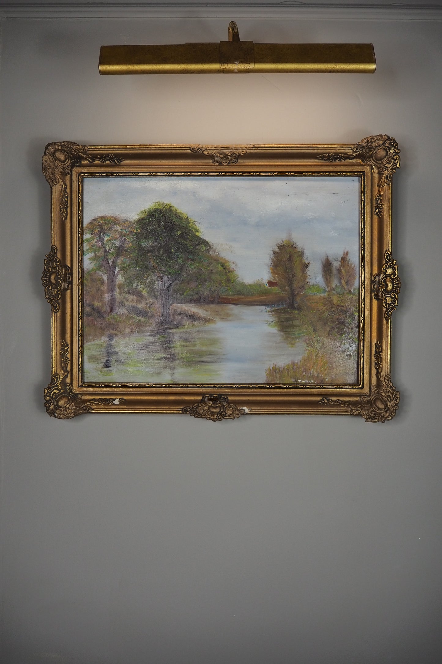 Original Oil Painting – Rustic Field Landscape by D. Walker in Gold Chippendale Frame