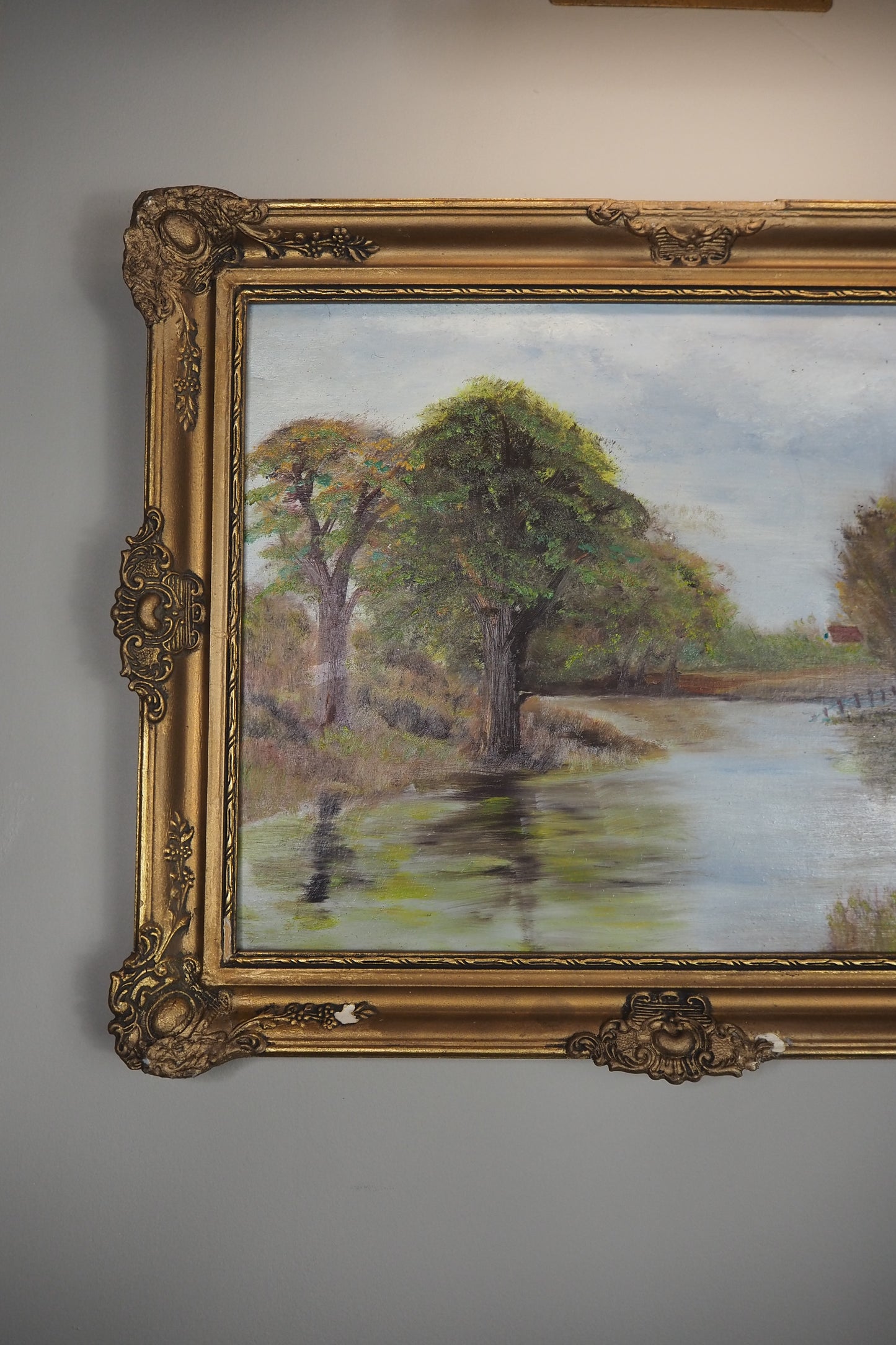 Original Oil Painting – Rustic Field Landscape by D. Walker in Gold Chippendale Frame