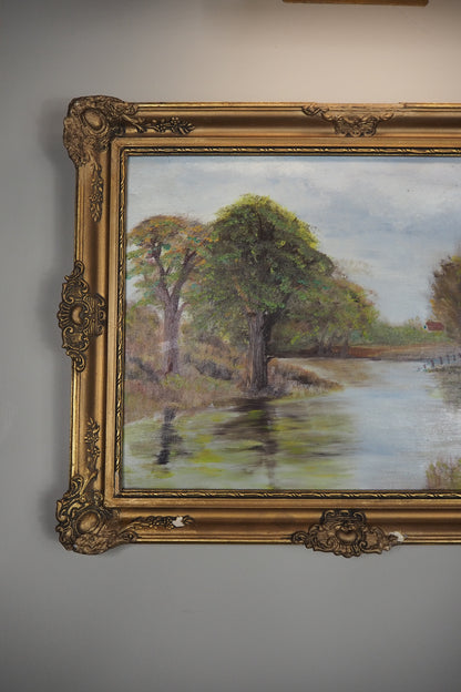Original Oil Painting – Rustic Field Landscape by D. Walker in Gold Chippendale Frame
