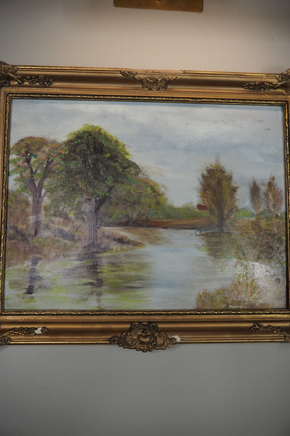 Original Oil Painting – Rustic Field Landscape by D. Walker in Gold Chippendale Frame