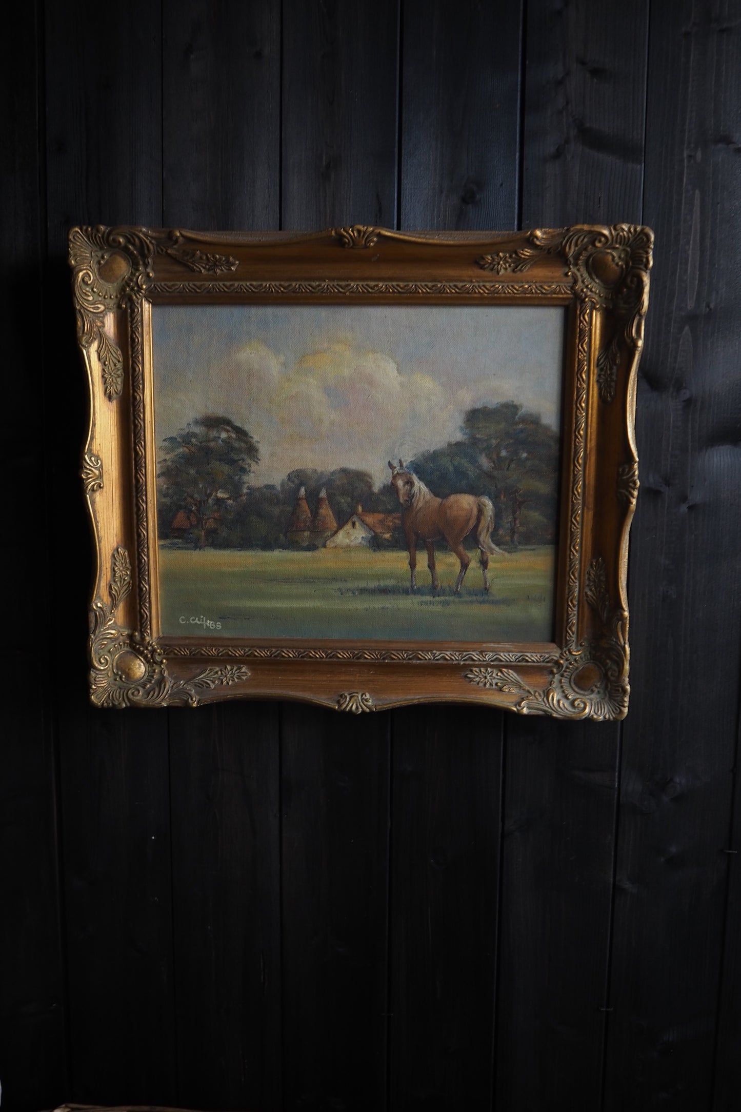 Charles Clift Original Oil Painting Landscape Farm Horse Antique Gold Ornate Frame