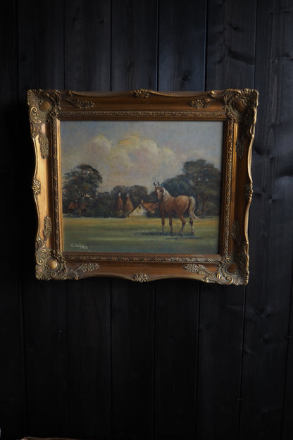 Charles Clift Original Oil Painting Landscape Farm Horse Antique Gold Ornate Frame