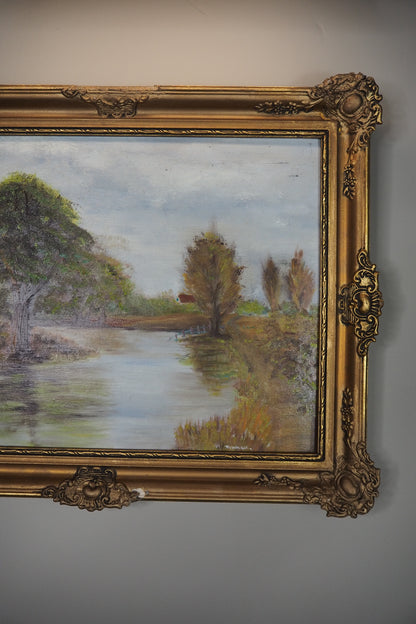 Original Oil Painting – Rustic Field Landscape by D. Walker in Gold Chippendale Frame