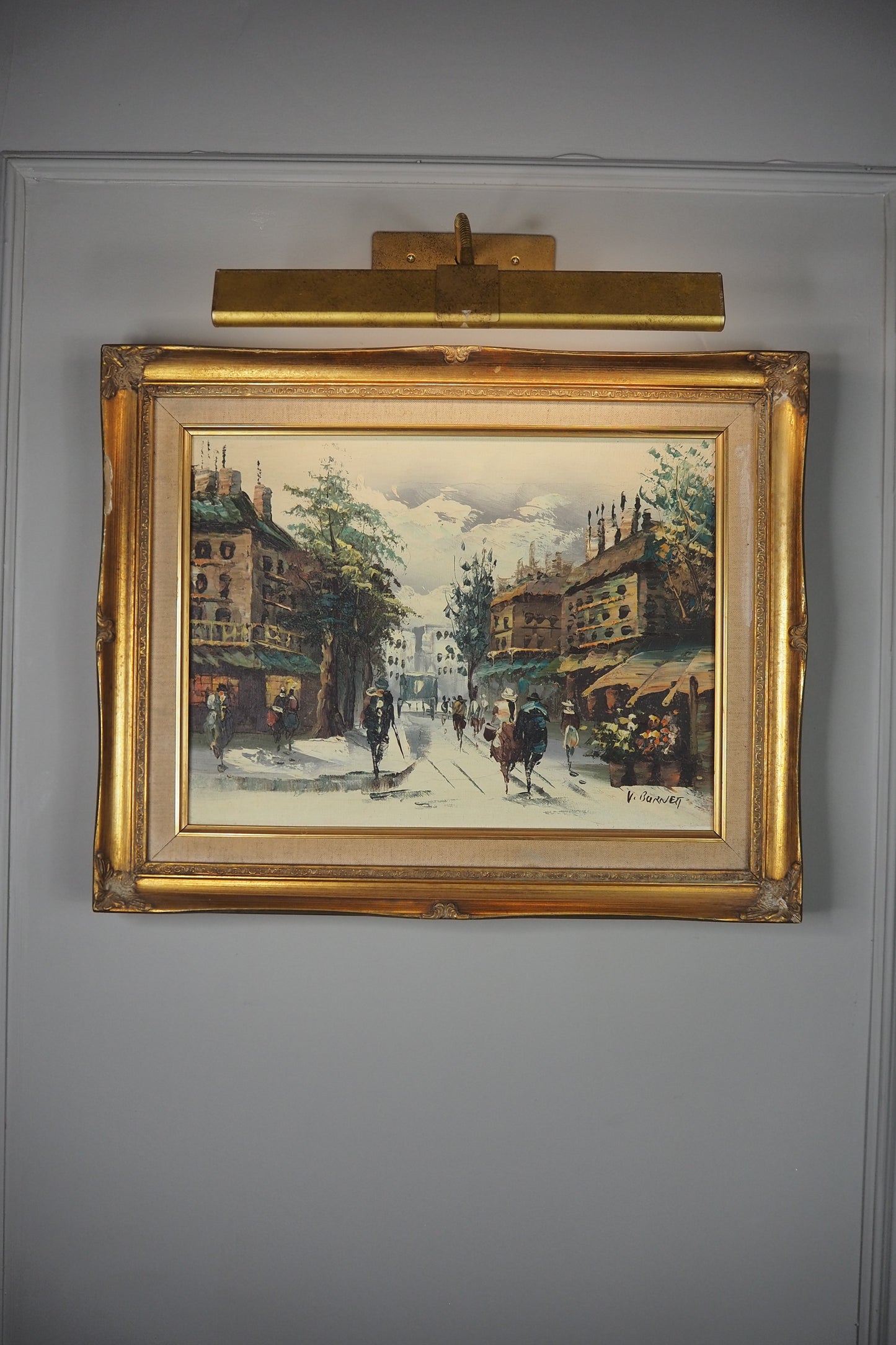 Vintage V.Burnett Midcentury Impressionist Oil Painting, Paris Street Scene