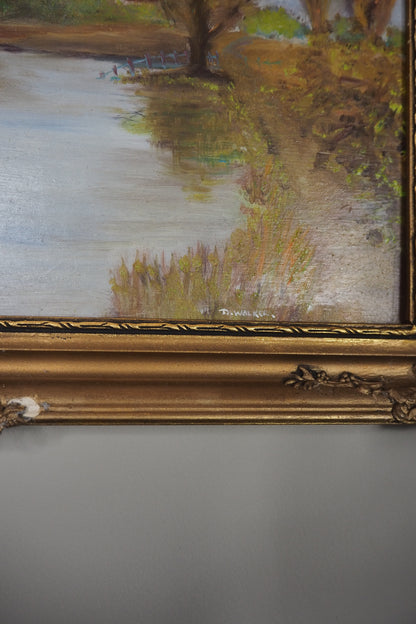 Original Oil Painting – Rustic Field Landscape by D. Walker in Gold Chippendale Frame