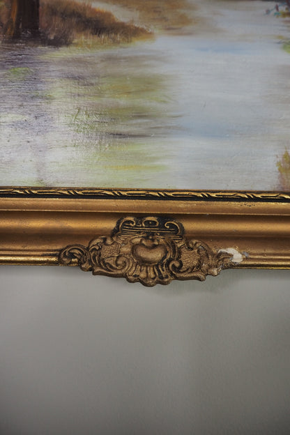 Original Oil Painting – Rustic Field Landscape by D. Walker in Gold Chippendale Frame