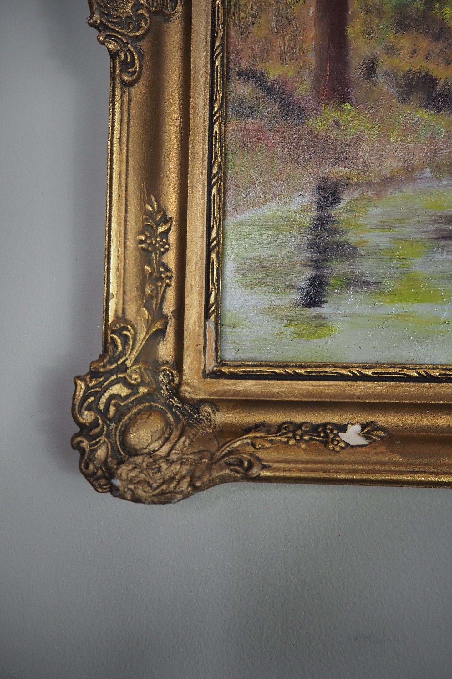 Original Oil Painting – Rustic Field Landscape by D. Walker in Gold Chippendale Frame