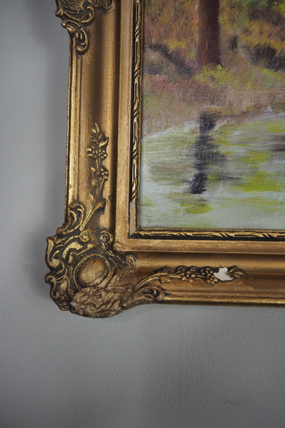 Original Oil Painting – Rustic Field Landscape by D. Walker in Gold Chippendale Frame