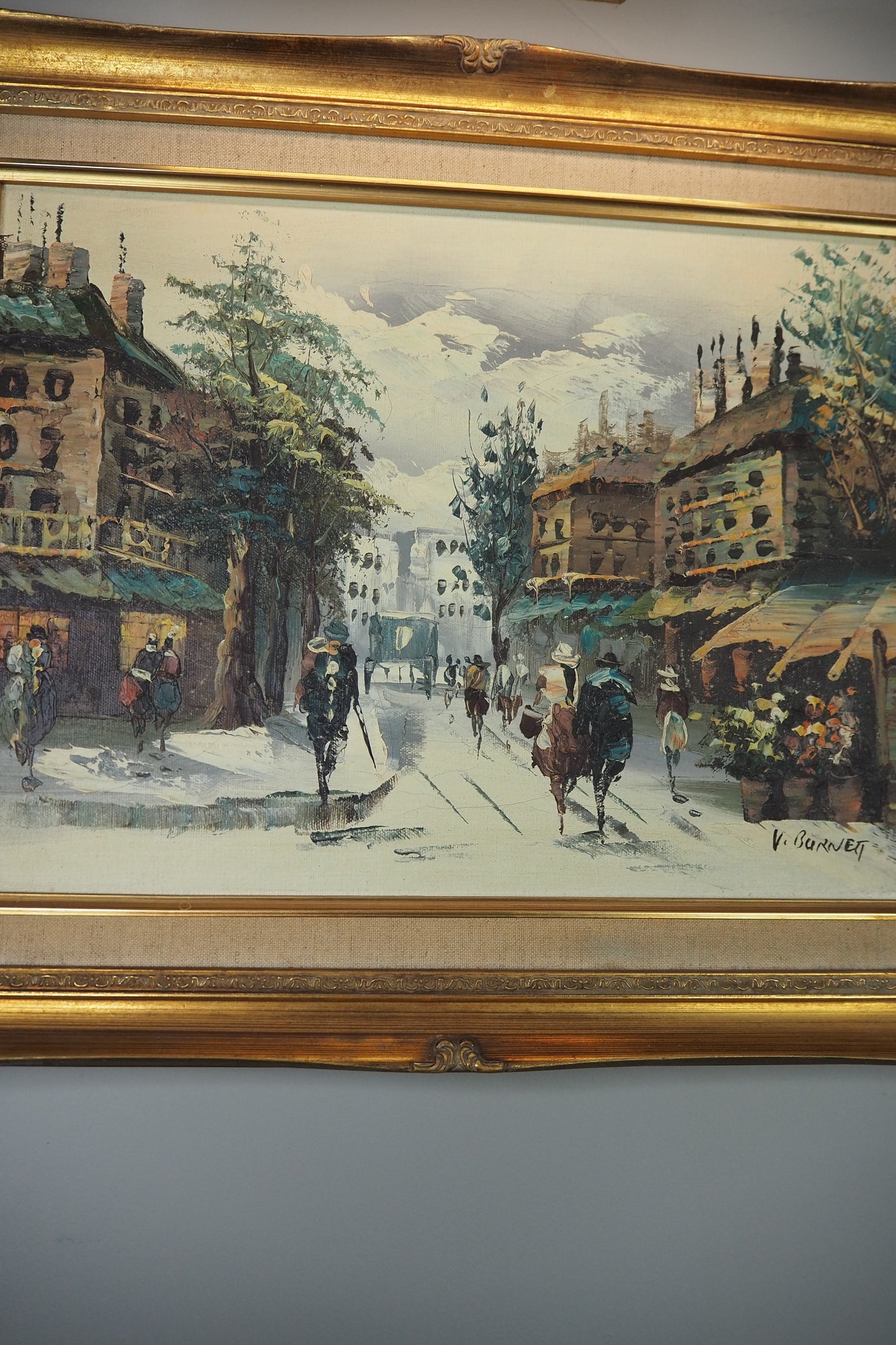Vintage V.Burnett Midcentury Impressionist Oil Painting, Paris Street Scene