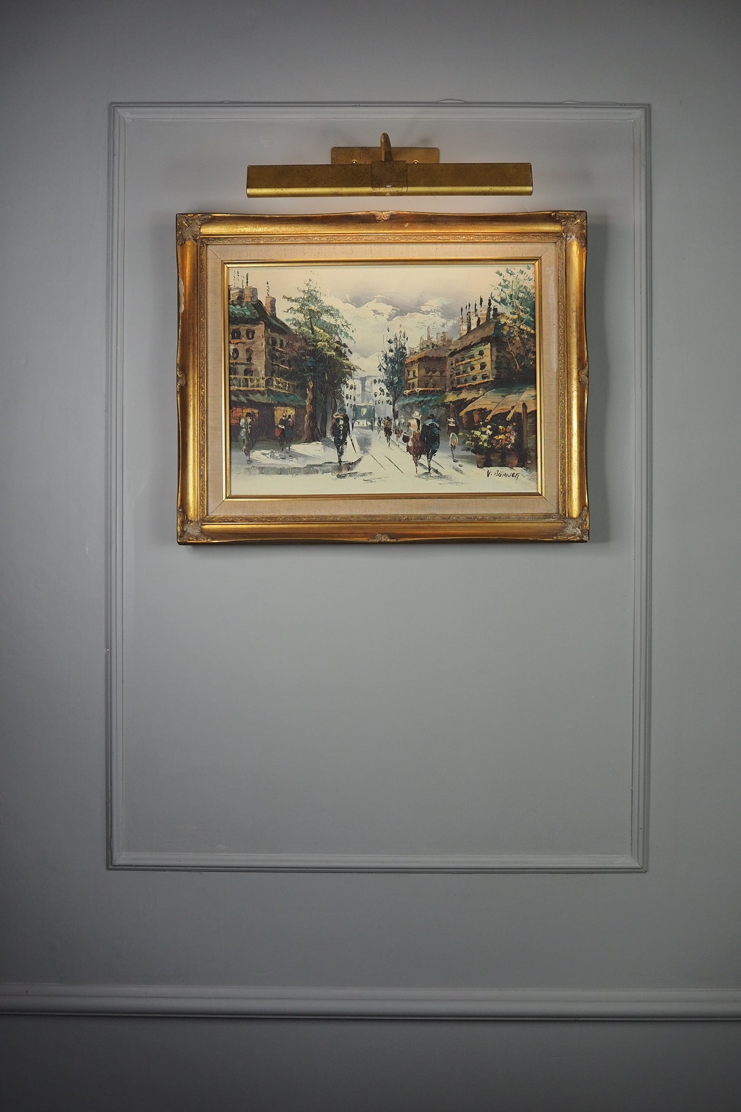 Vintage V.Burnett Midcentury Impressionist Oil Painting, Paris Street Scene