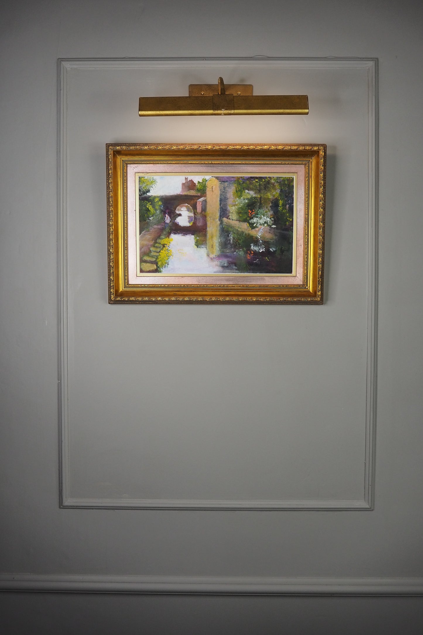 Original Oil Painting “Canal Walk” by J. Morris in Gilt Frame