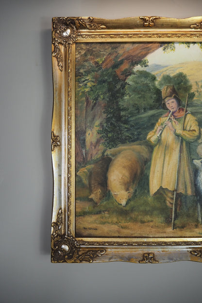 Vintage Oil Painting “Shepherd Boy Playing a Flute” Signed Pat Linnell | c.1937–40