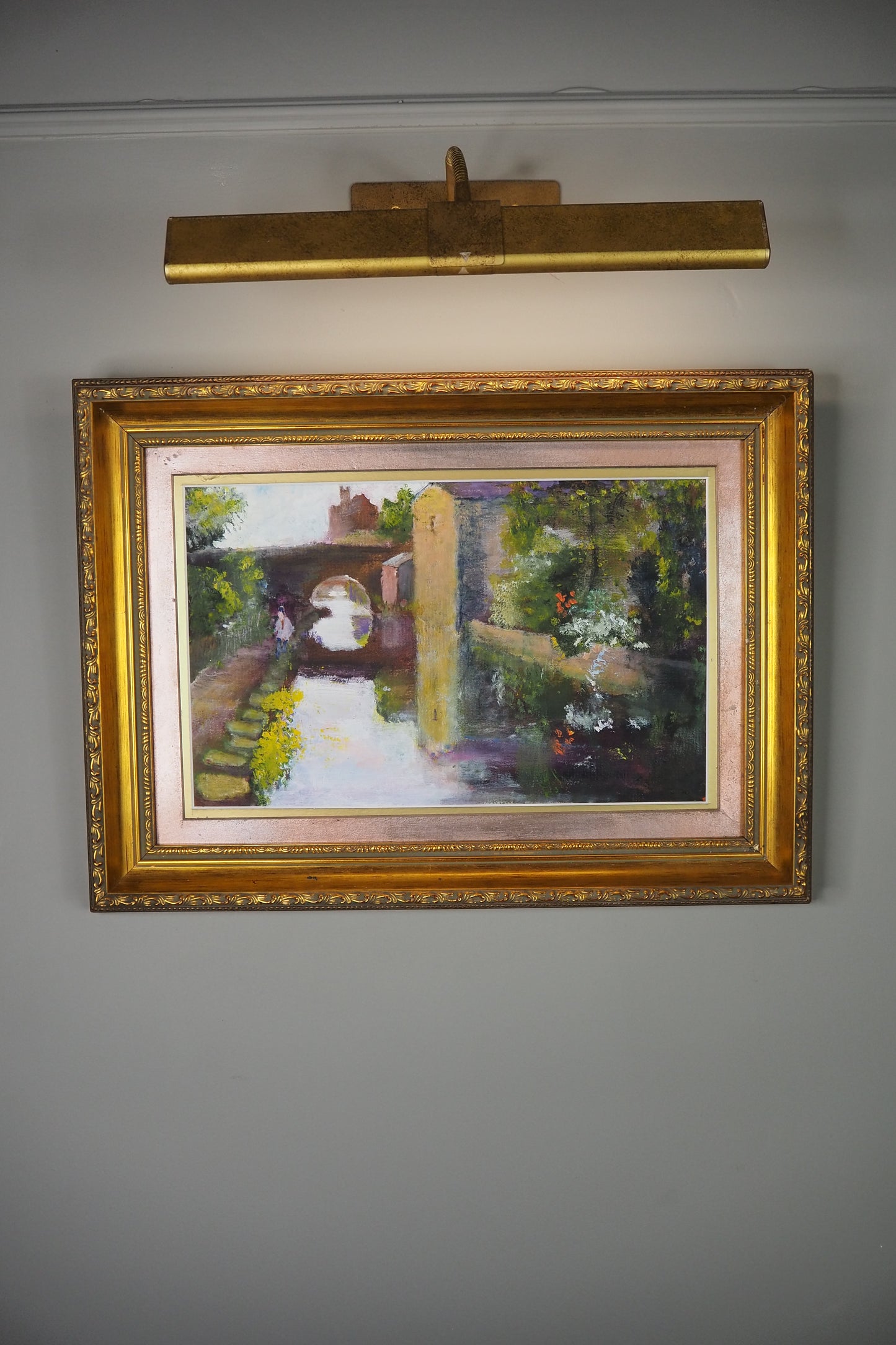 Original Oil Painting “Canal Walk” by J. Morris in Gilt Frame