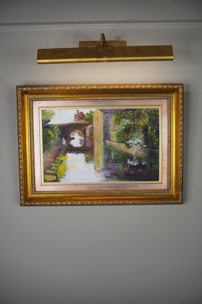 Original Oil Painting “Canal Walk” by J. Morris in Gilt Frame