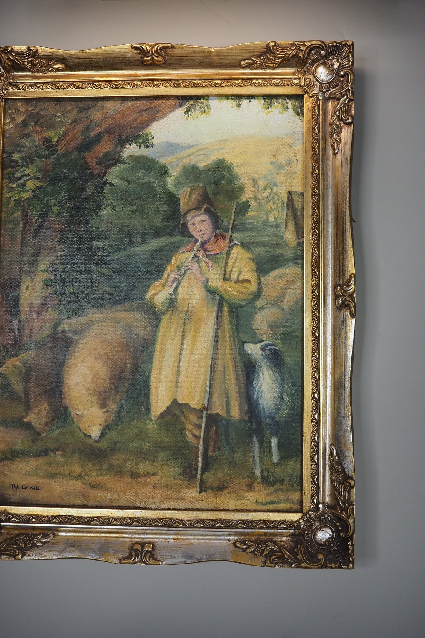 Vintage Oil Painting “Shepherd Boy Playing a Flute” Signed Pat Linnell | c.1937–40