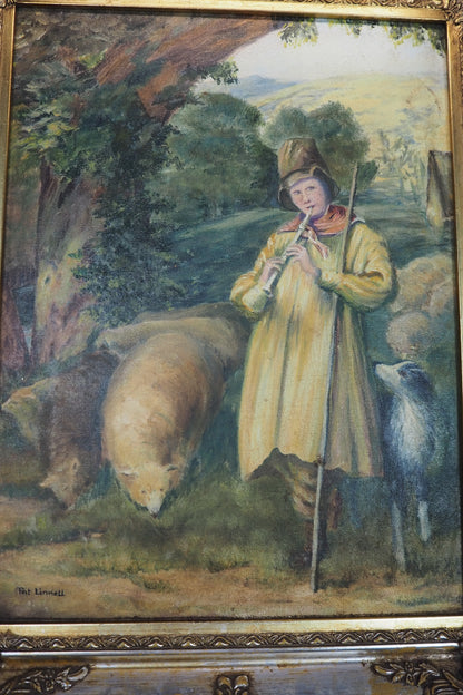 Vintage Oil Painting “Shepherd Boy Playing a Flute” Signed Pat Linnell | c.1937–40