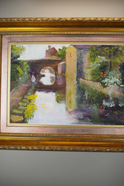 Original Oil Painting “Canal Walk” by J. Morris in Gilt Frame