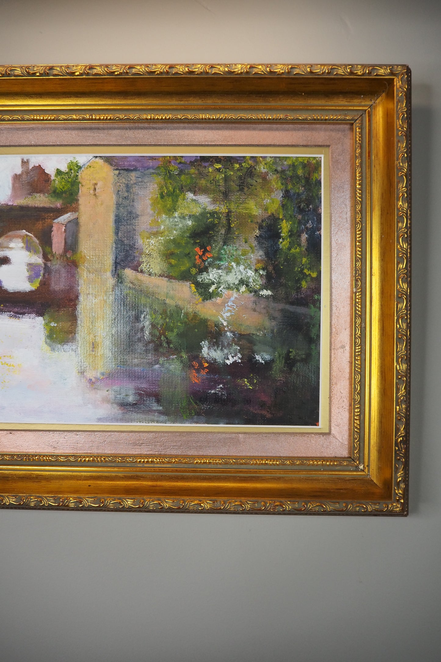 Original Oil Painting “Canal Walk” by J. Morris in Gilt Frame