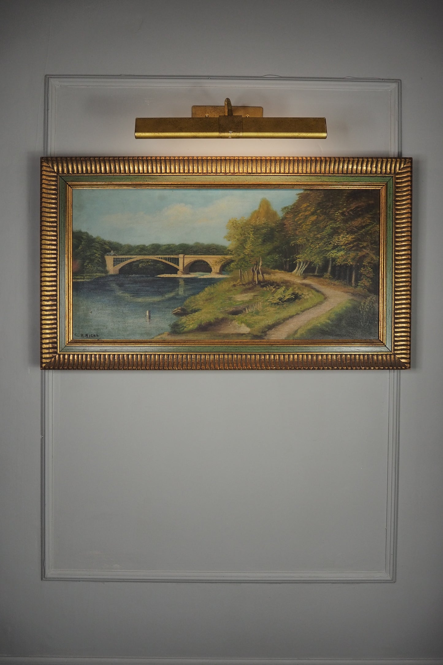 English Landscape Oil Painting by R.Nicol– Lower Hodder Bridge Scene Gold & Green Frame