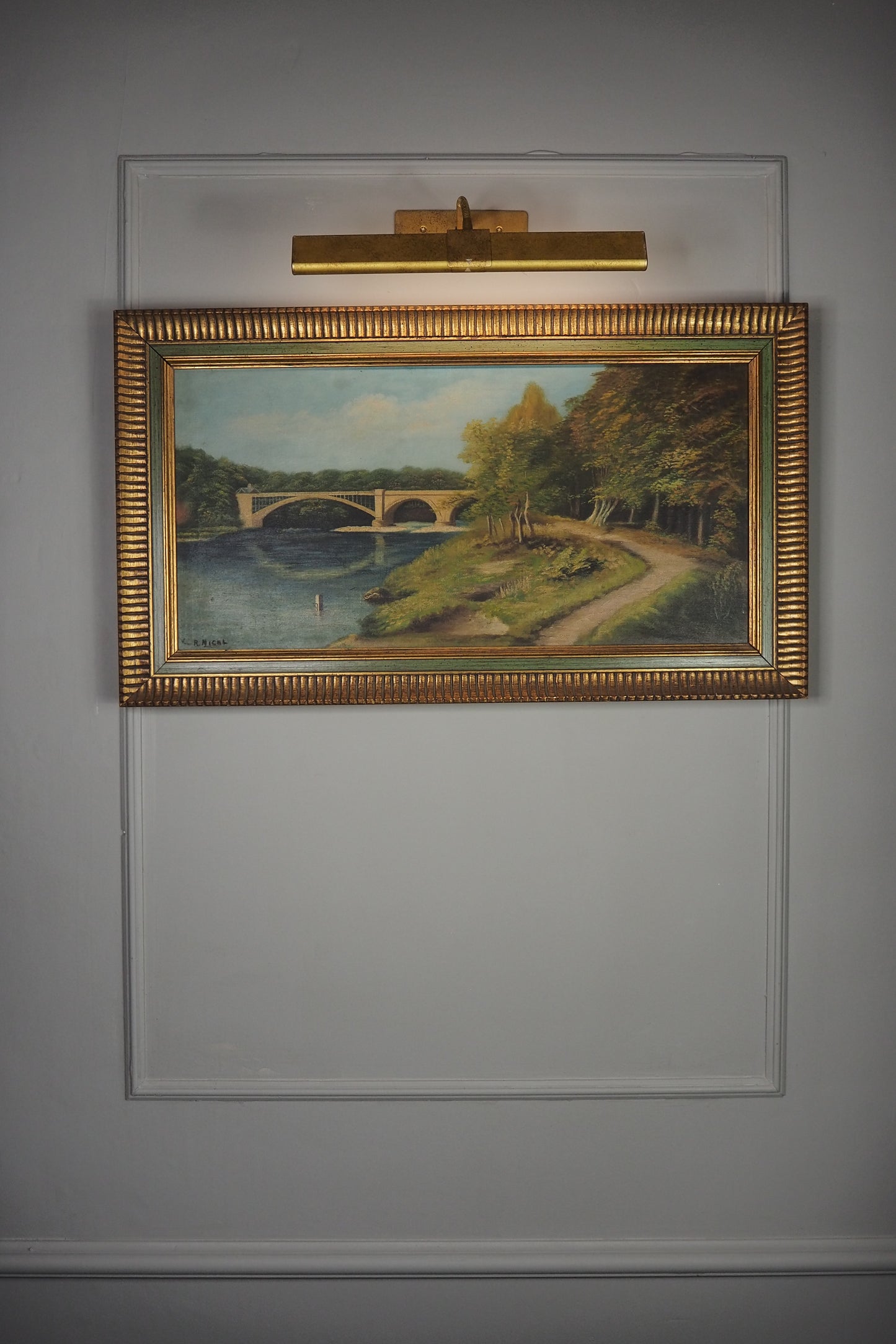 English Landscape Oil Painting by R.Nicol– Lower Hodder Bridge Scene Gold & Green Frame