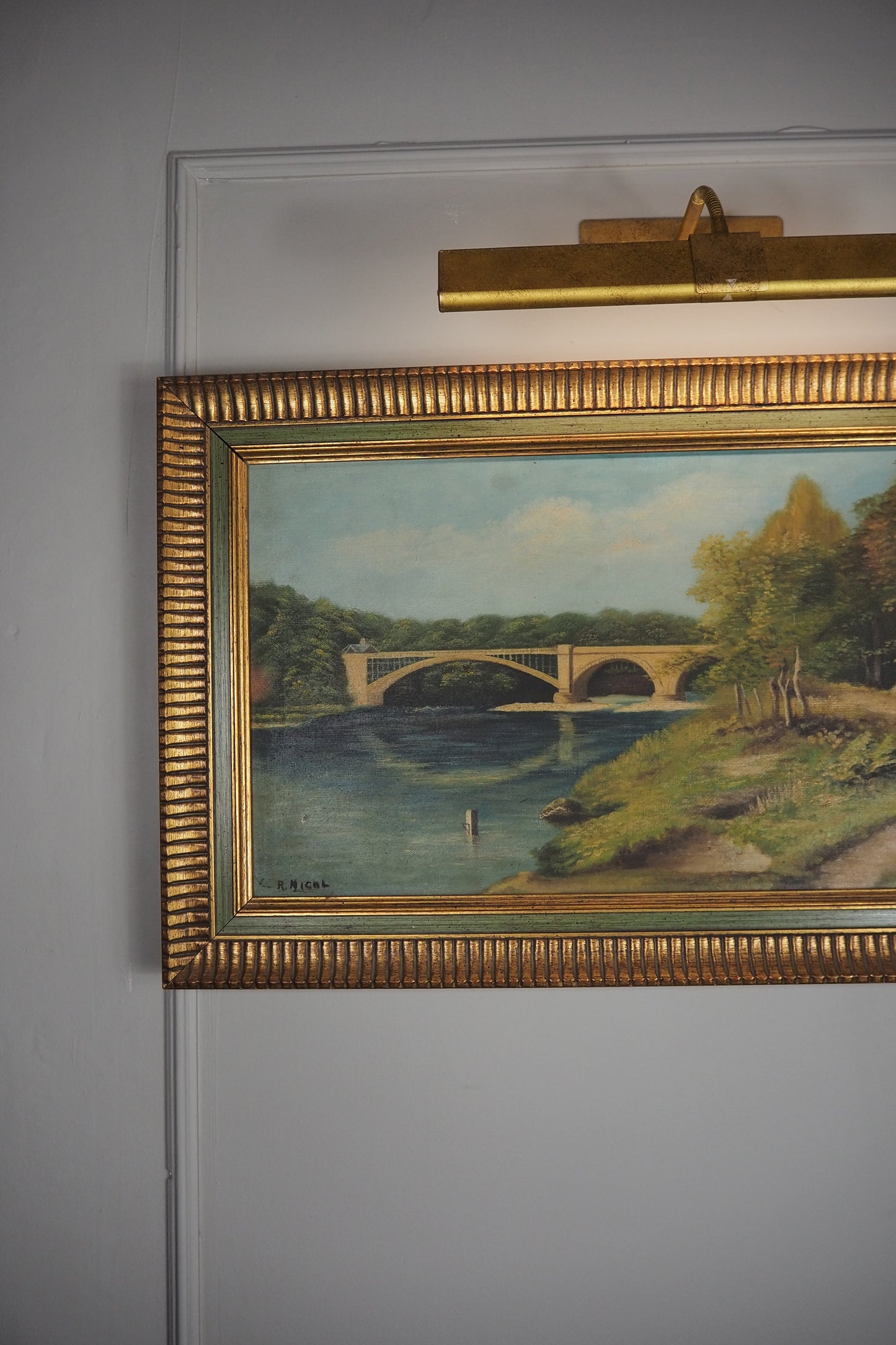 English Landscape Oil Painting by R.Nicol– Lower Hodder Bridge Scene Gold & Green Frame