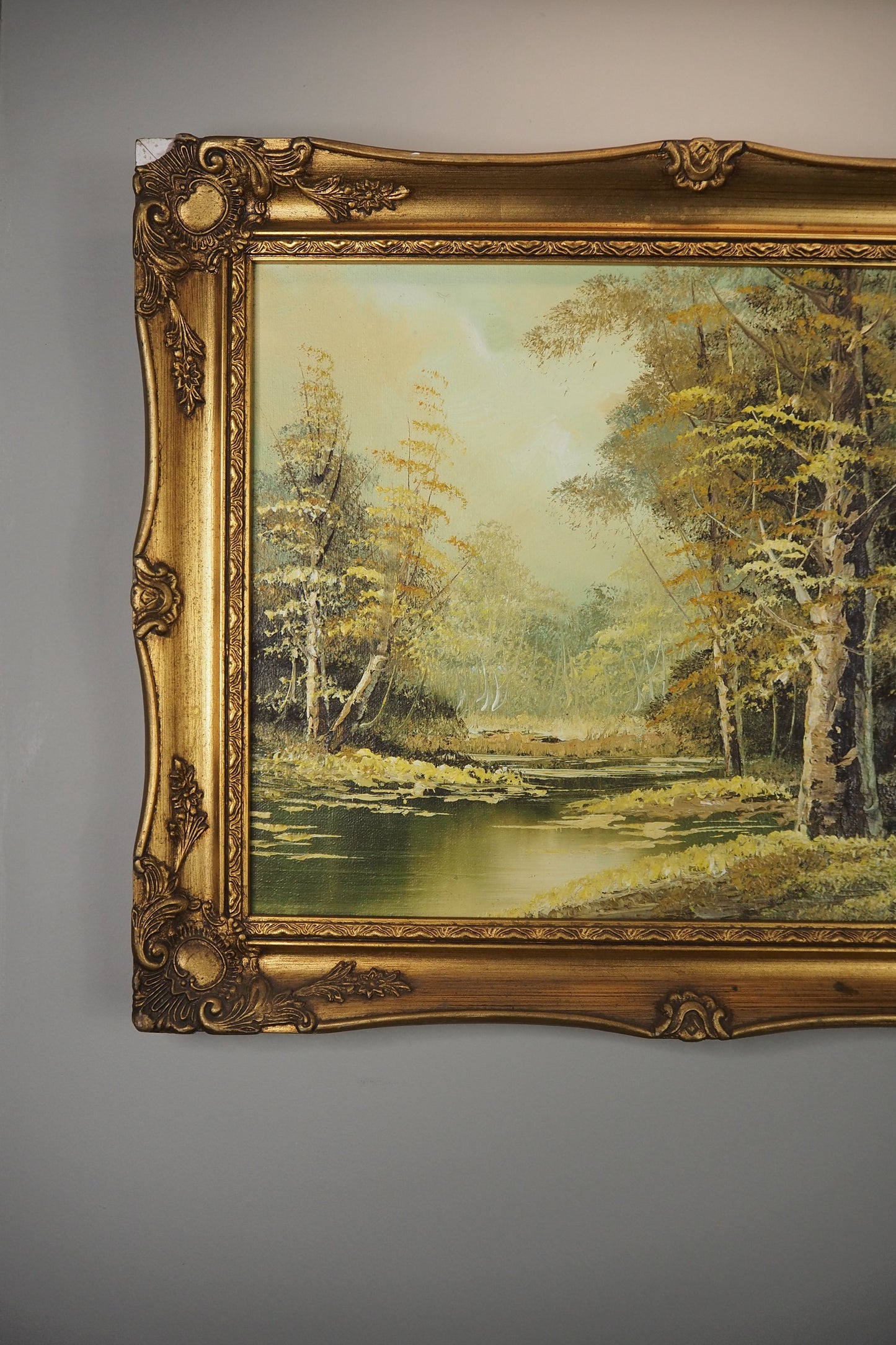 Vintage Mid-Century Oil Painting – Autumn Forest Landscape with Stream