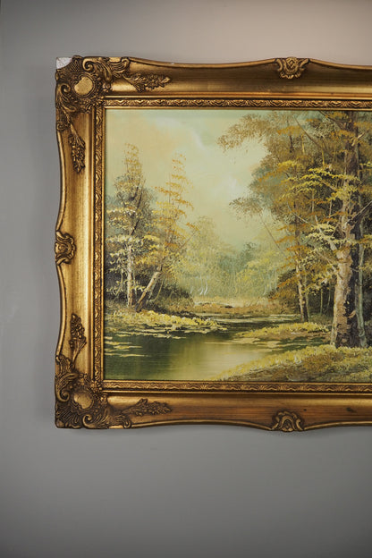 Vintage Mid-Century Oil Painting – Autumn Forest Landscape with Stream