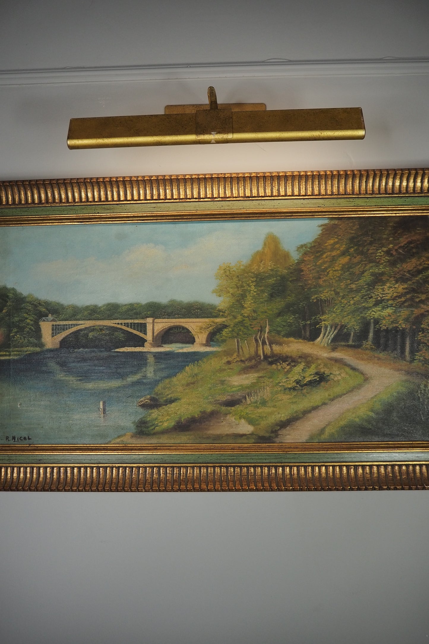 English Landscape Oil Painting by R.Nicol– Lower Hodder Bridge Scene Gold & Green Frame