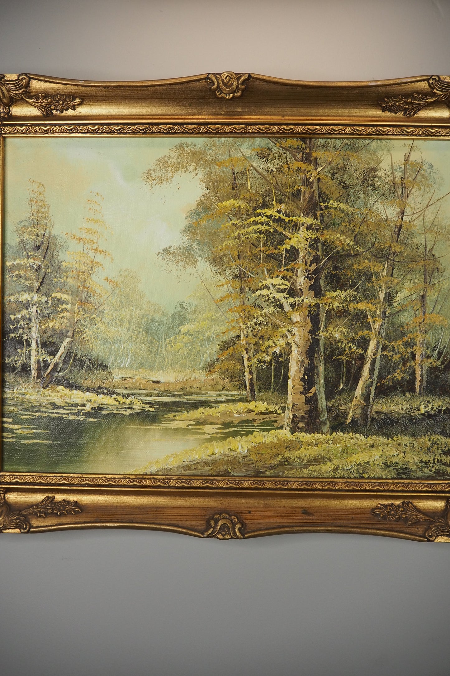 Vintage Mid-Century Oil Painting – Autumn Forest Landscape with Stream