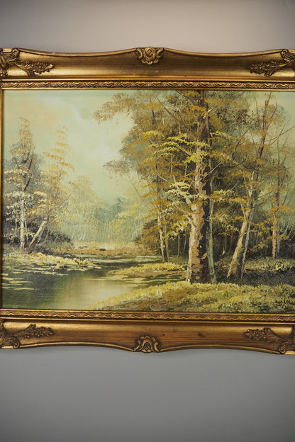 Vintage Mid-Century Oil Painting – Autumn Forest Landscape with Stream