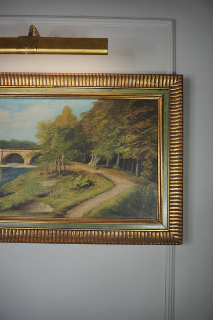 English Landscape Oil Painting by R.Nicol– Lower Hodder Bridge Scene Gold & Green Frame