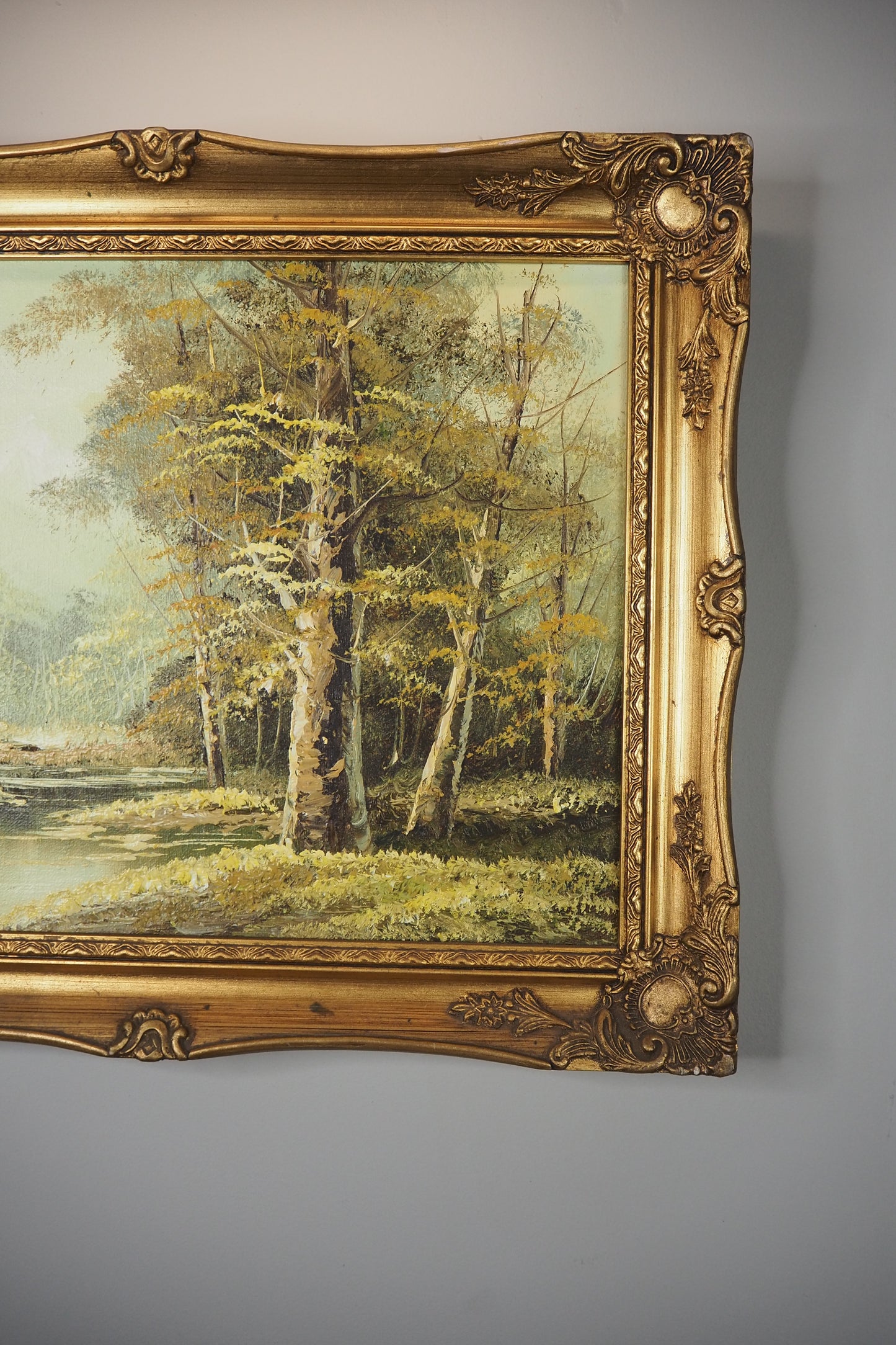 Vintage Mid-Century Oil Painting – Autumn Forest Landscape with Stream