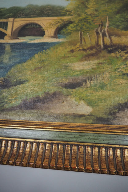 English Landscape Oil Painting by R.Nicol– Lower Hodder Bridge Scene Gold & Green Frame
