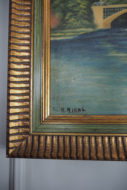 English Landscape Oil Painting by R.Nicol– Lower Hodder Bridge Scene Gold & Green Frame